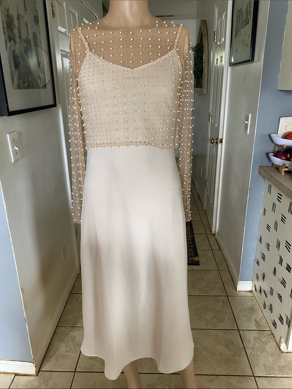 House of Harlow 1960 Ivory Pearl-Embellished Midi Dress